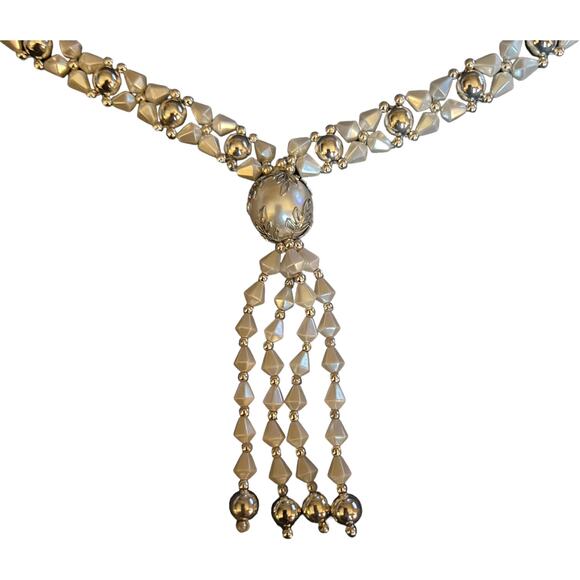 Vintage 80s Silver Beaded Tassel Necklace - White Crystal Drop Statement Piece - Picture 12 of 13